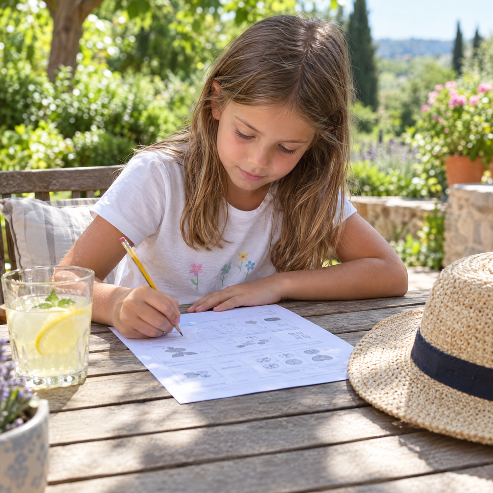 Mädchen übt in den Sommerferien am Gartentisch