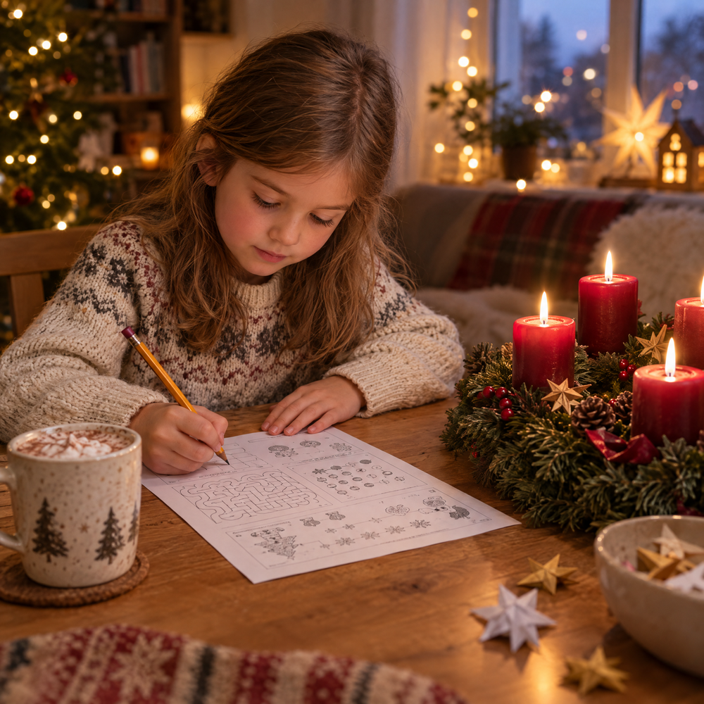 Kind löst im Advent ein Rätselblatt