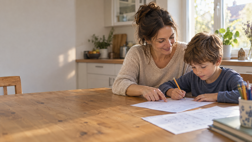 Mutter und Sohn üben am Küchentisch