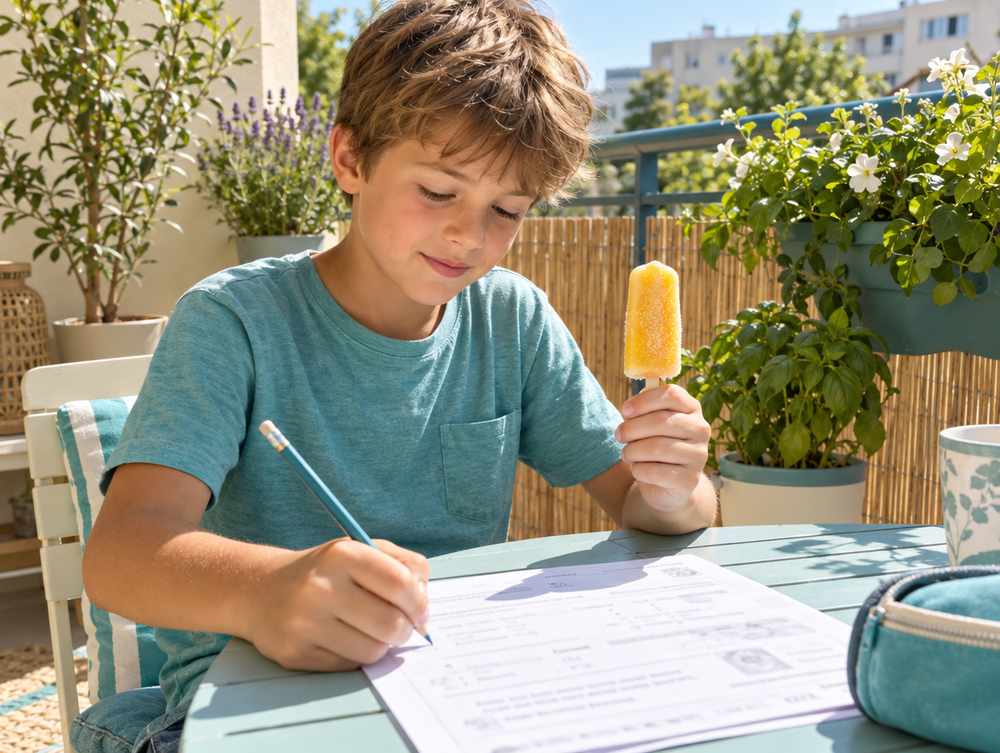 Kind übt in den Ferien auf dem Balkon mit Eis am Stiel