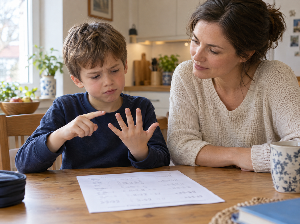 Junge zählt am Küchentisch an den Fingern, die Mutter sitzt ruhig daneben