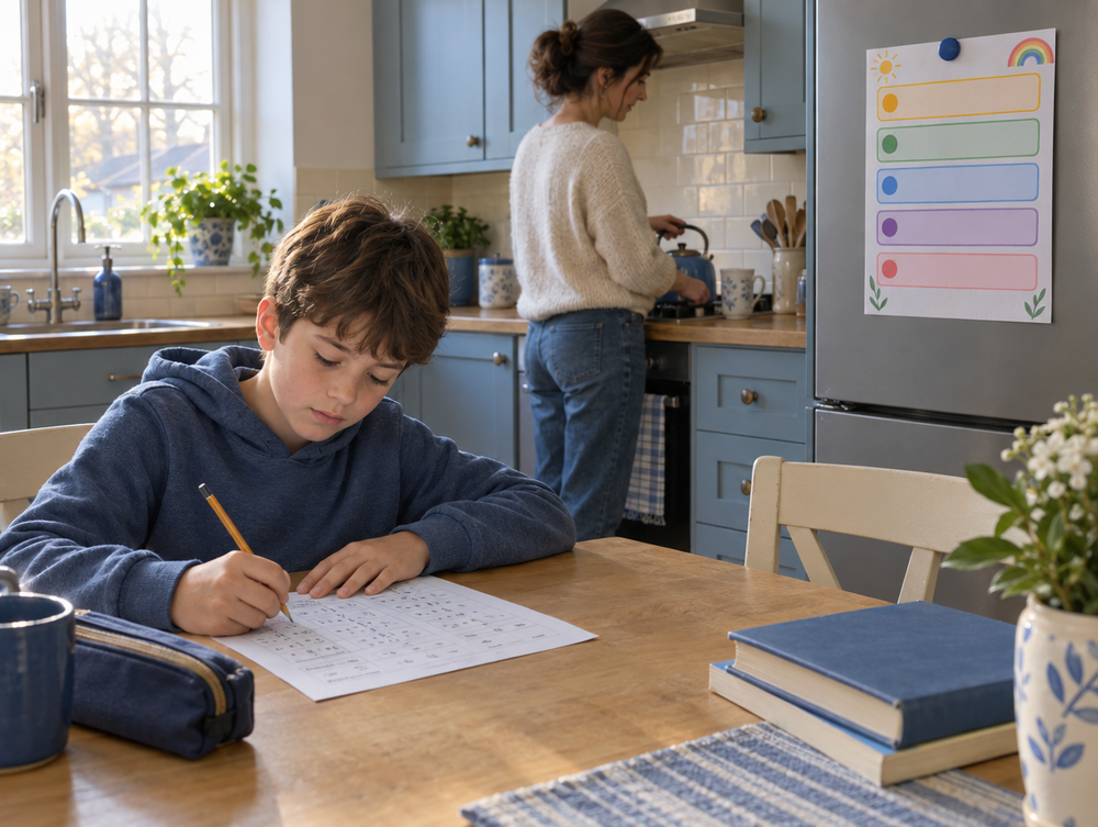 Familie plant die Mathe Woche am Küchentisch