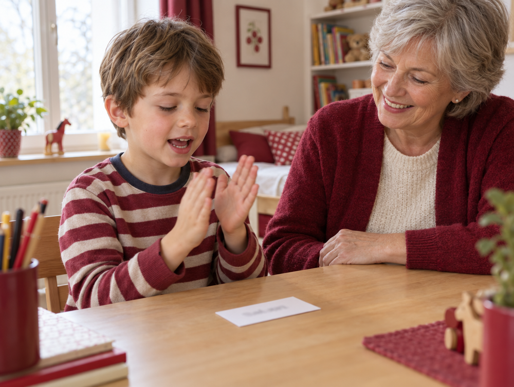 Kind klatscht mit der Großmutter Silben am Küchentisch