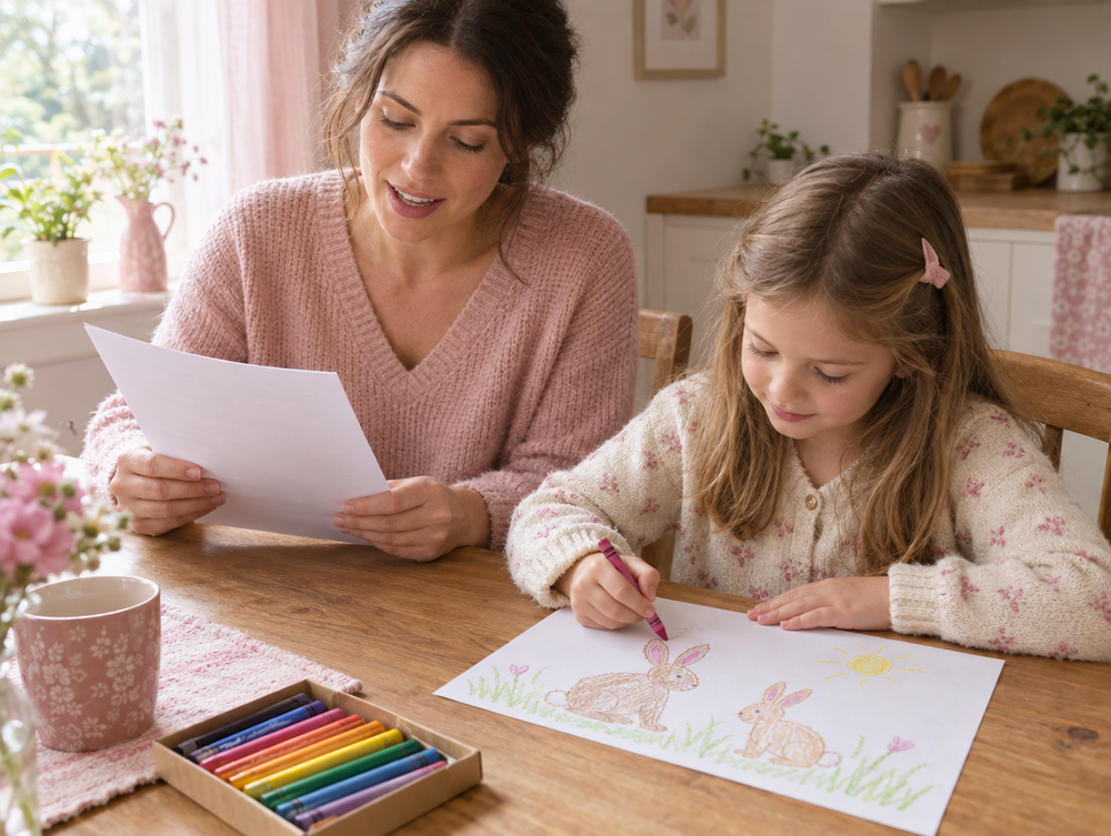 Mutter liest eine Rechengeschichte vor, Tochter malt sie auf