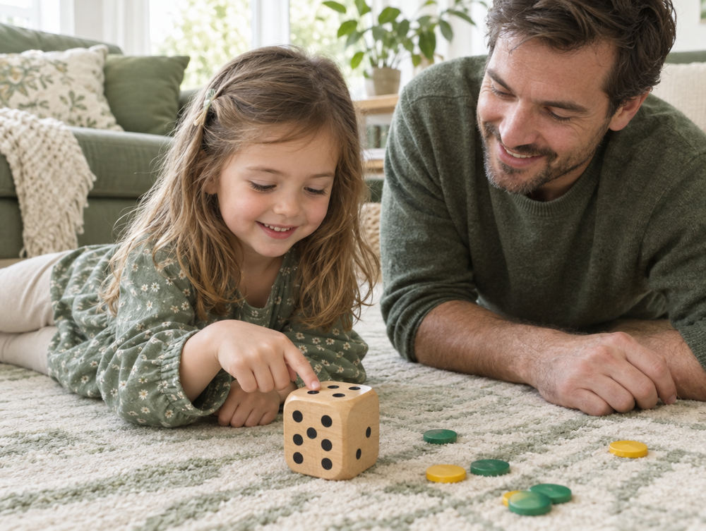 Vorschulkind zählt Würfelaugen beim Spiel