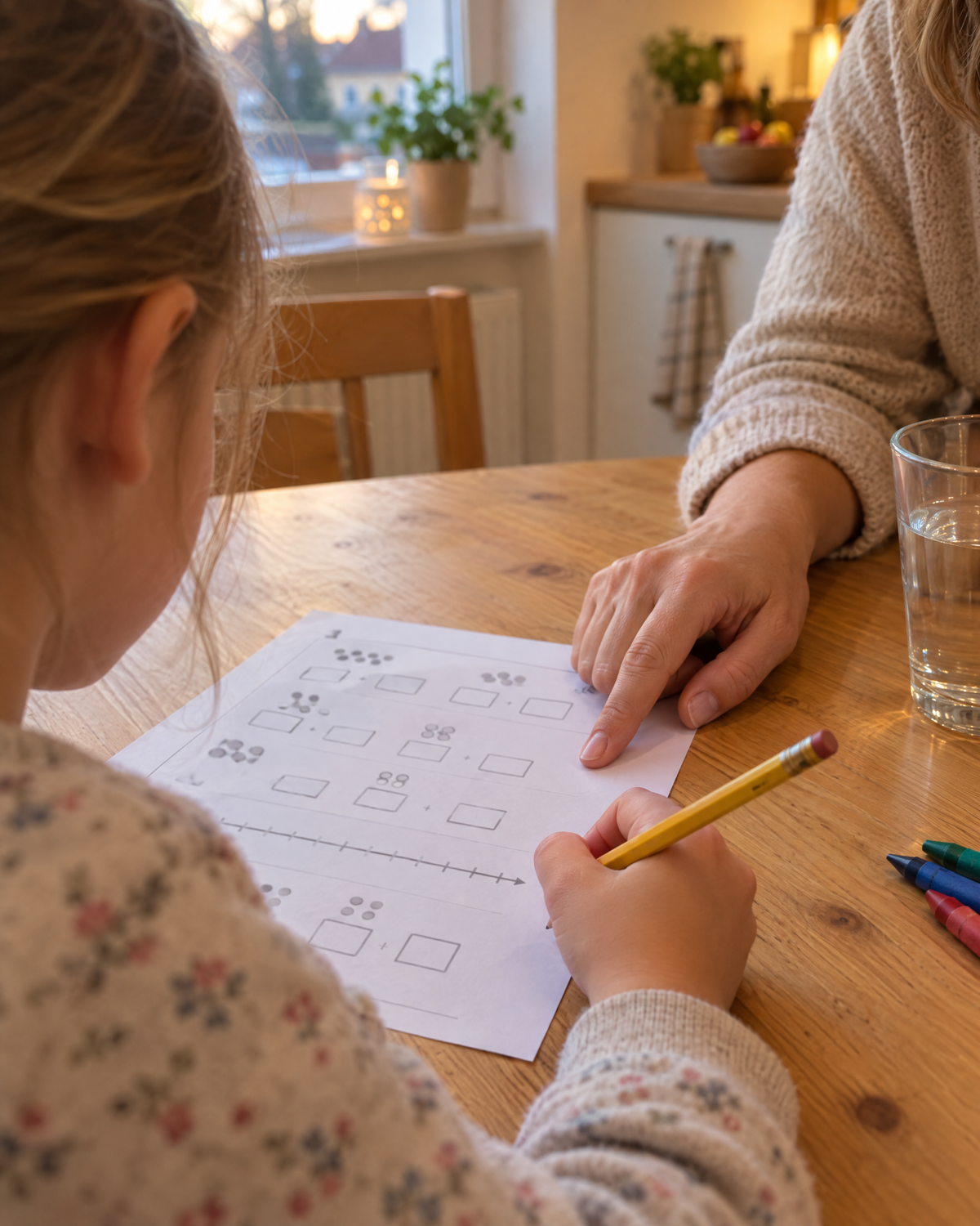 Kind rechnet am Küchentisch, die Mutter schaut zu