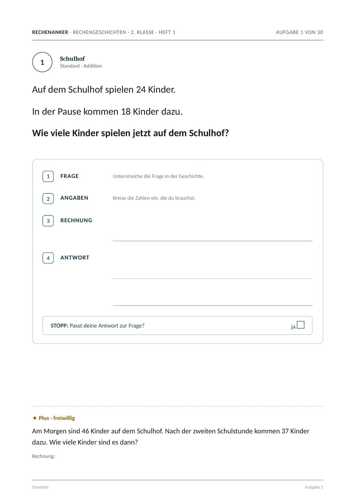 Rechengeschichten: Aufgabe 1 mit den vier Schritten und ★ Plus-Aufgabe