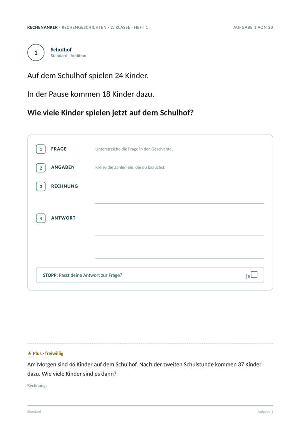 Rechengeschichten: Aufgabe 1 mit den vier Schritten und ★ Plus-Aufgabe