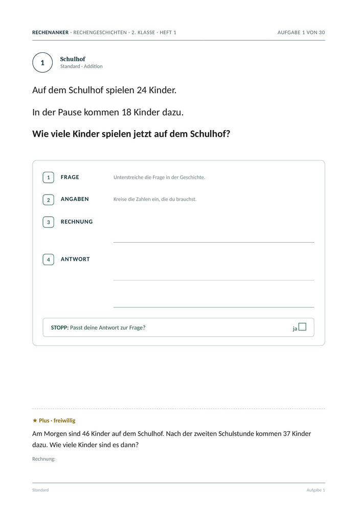 Rechengeschichten: Aufgabe 1 mit den vier Schritten und ★ Plus-Aufgabe