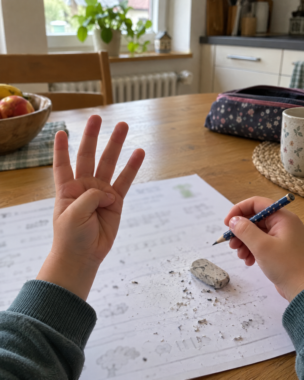 Kinderhände zählen an den Fingern über den Hausaufgaben