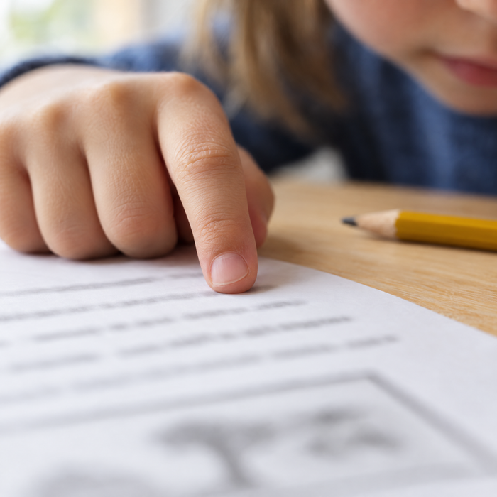 Kinderfinger liest eine Rechengeschichte